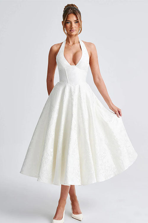Philippa – Jacquard Halter Wedding Guest Midi Dress
