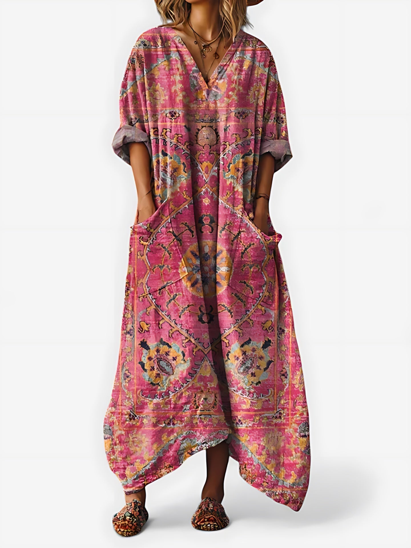 Adalynn – Boho Print Kimono Sleeve Kaftan Maxi Dress