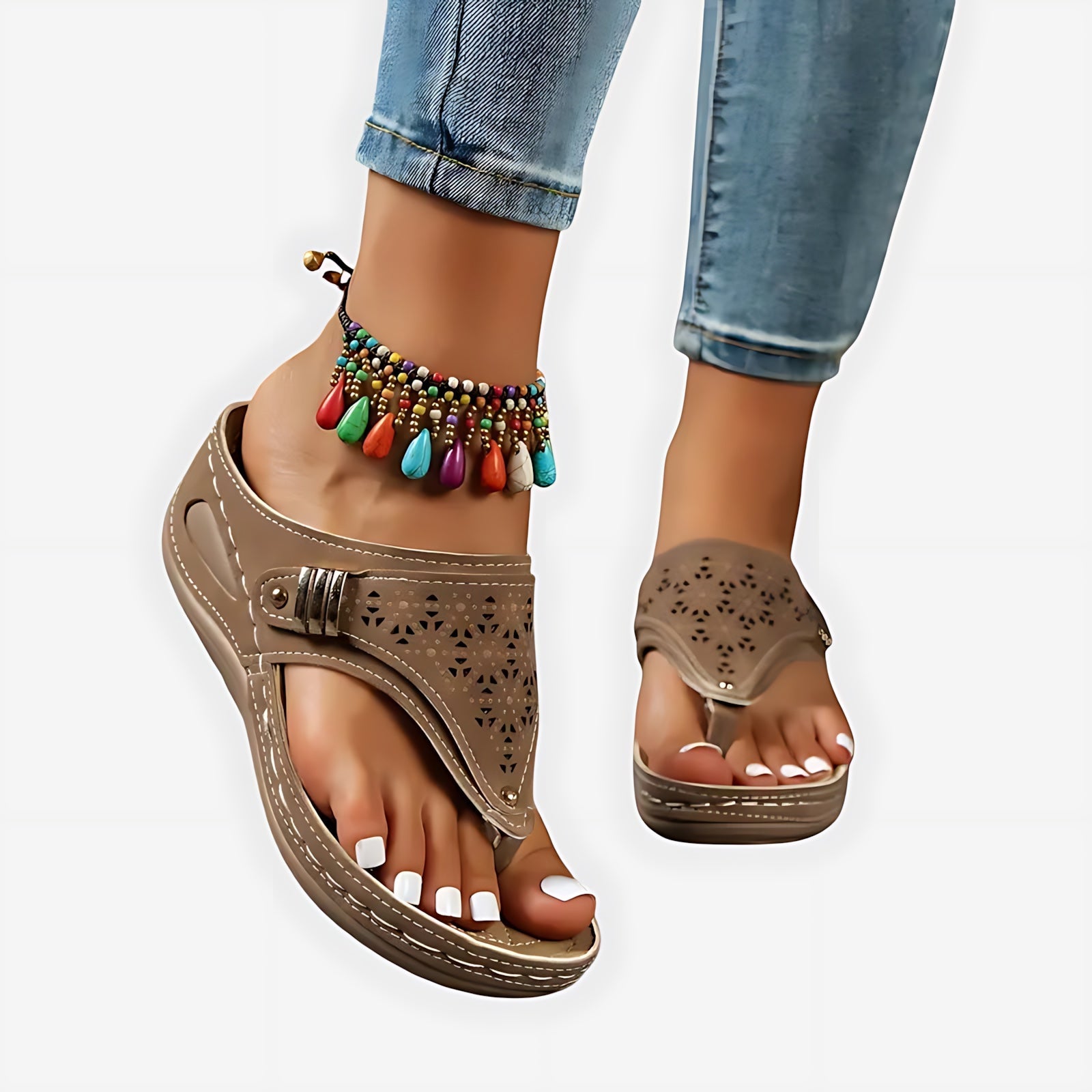 Cara – Laser Cut Toe Loop Wedge Sandals