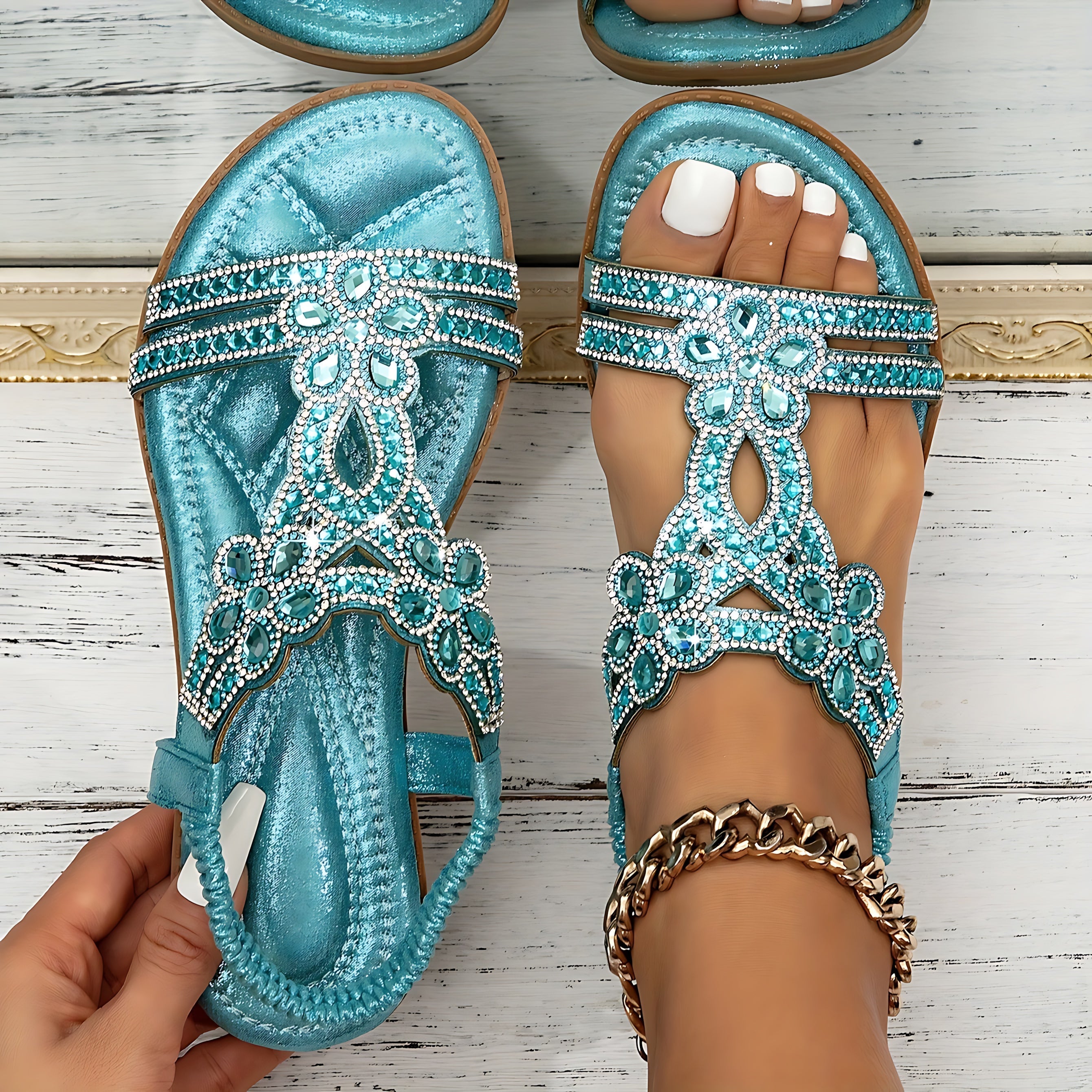 Claudia – Boho Rhinestone Beaded Flat Sandals
