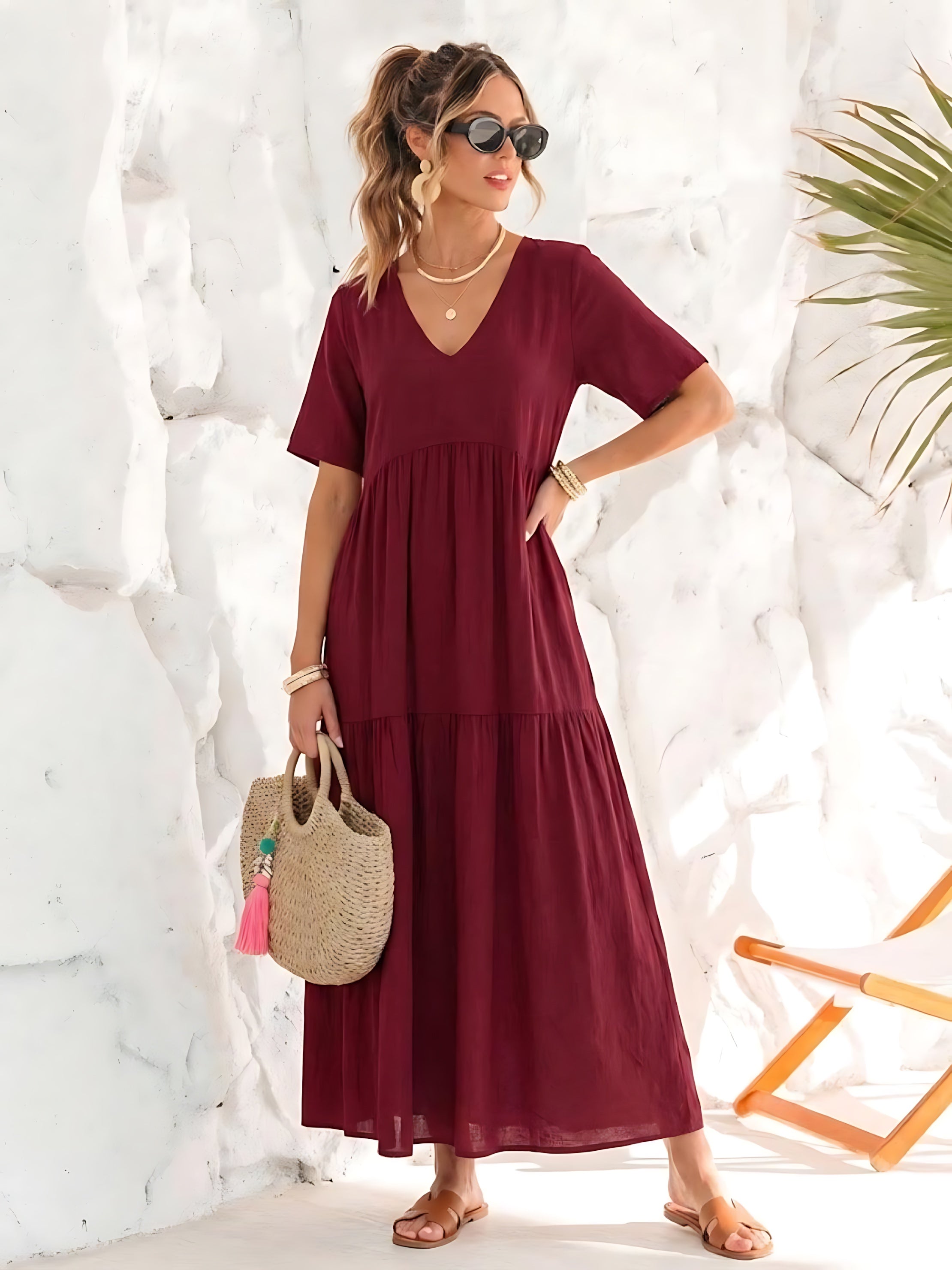 Jasmine – V Neck Tiered Swing Summer Maxi Dress