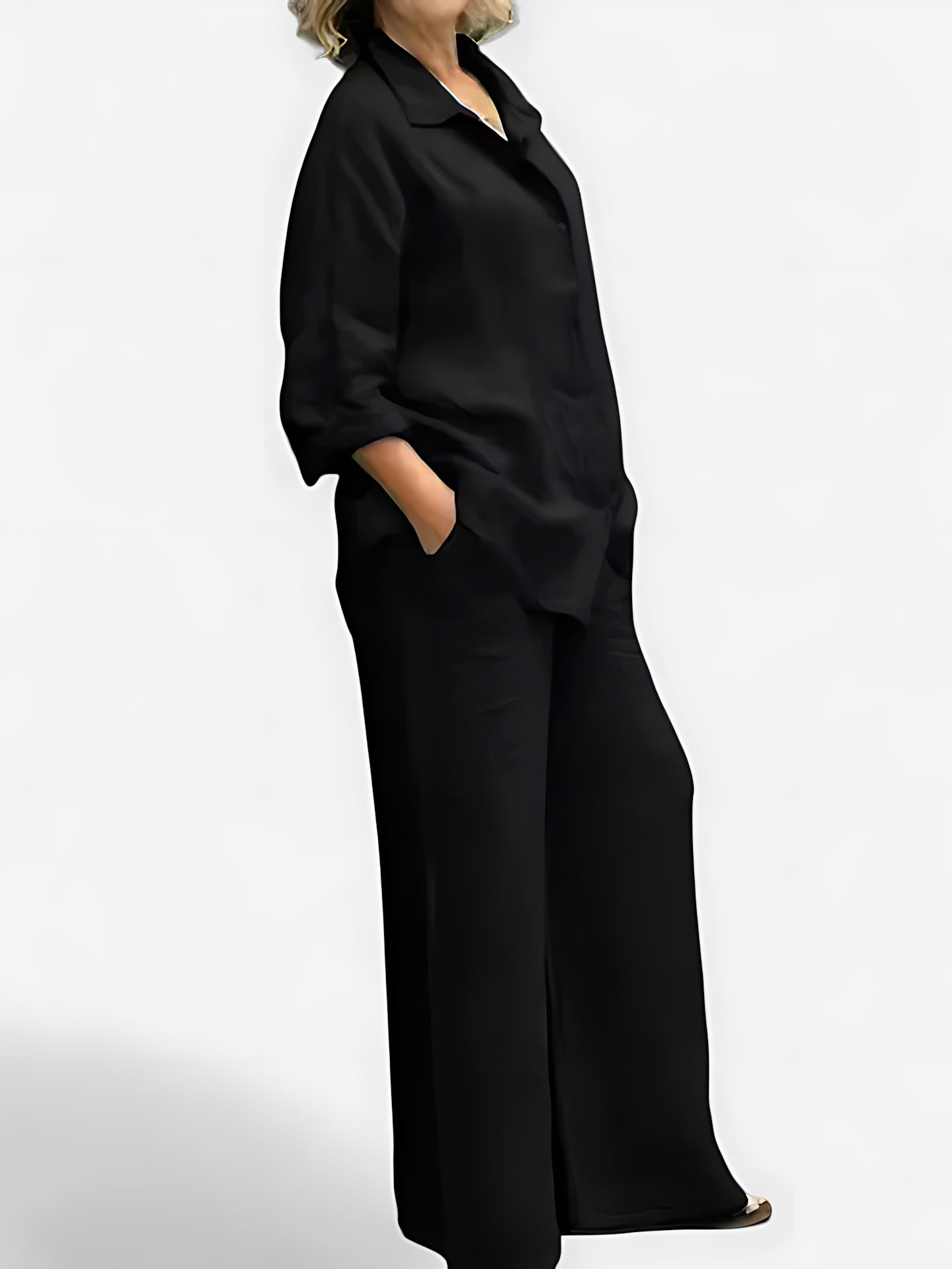 Luna – Pleated Button Up Shirt and Wide Leg Pants Set