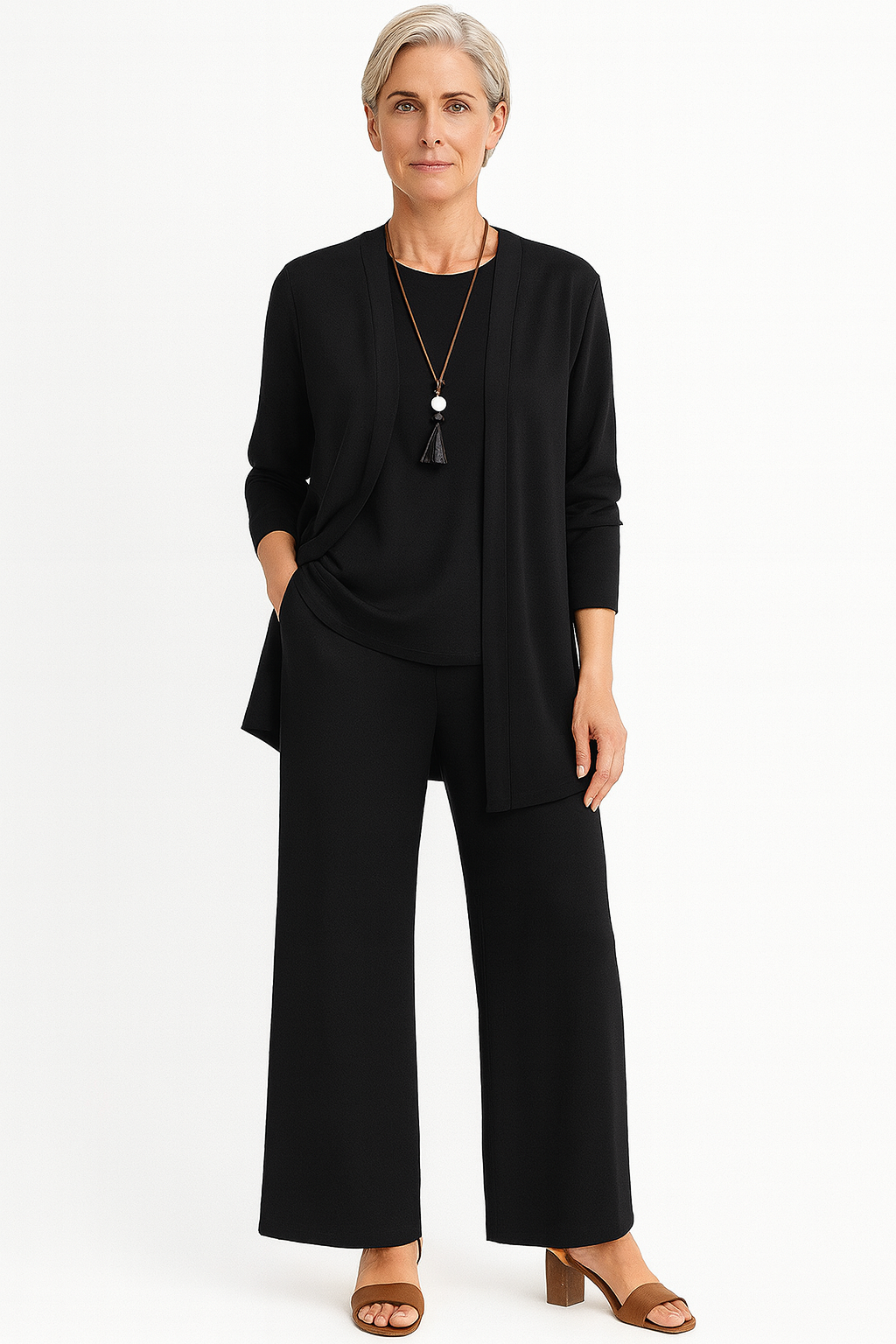 Brianna – Three Piece Cardigan Tank Top And Wide Leg Pants Set