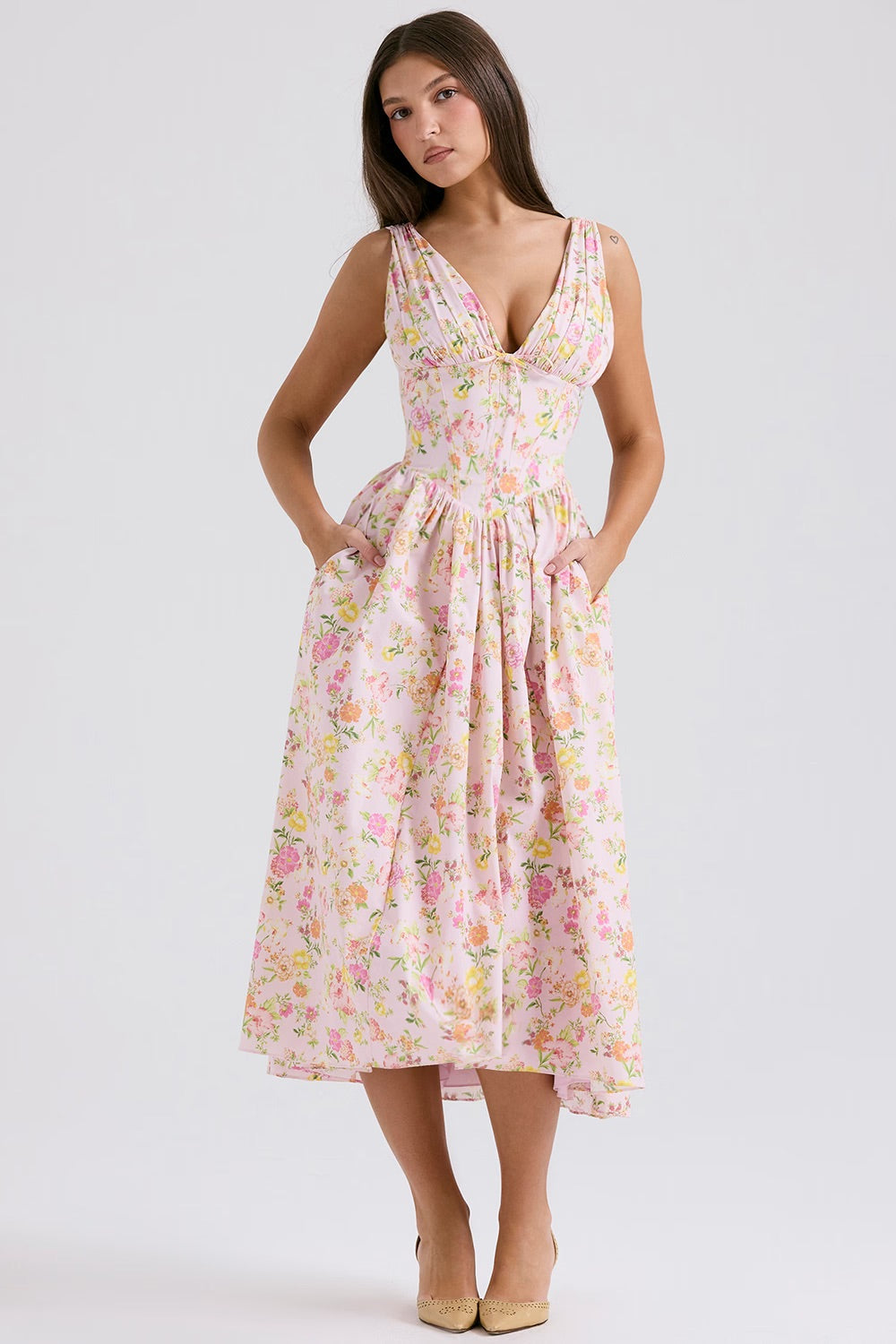Journee – Floral Print V Neck A Line Summer Midi Dress