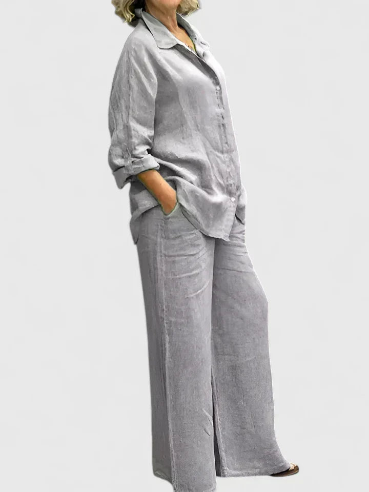 Luna – Pleated Button Up Shirt and Wide Leg Pants Set