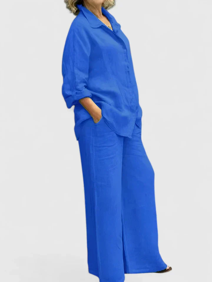 Luna – Pleated Button Up Shirt and Wide Leg Pants Set