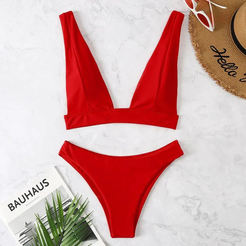 Solid Color 2 Piece Plunge Swimsuit