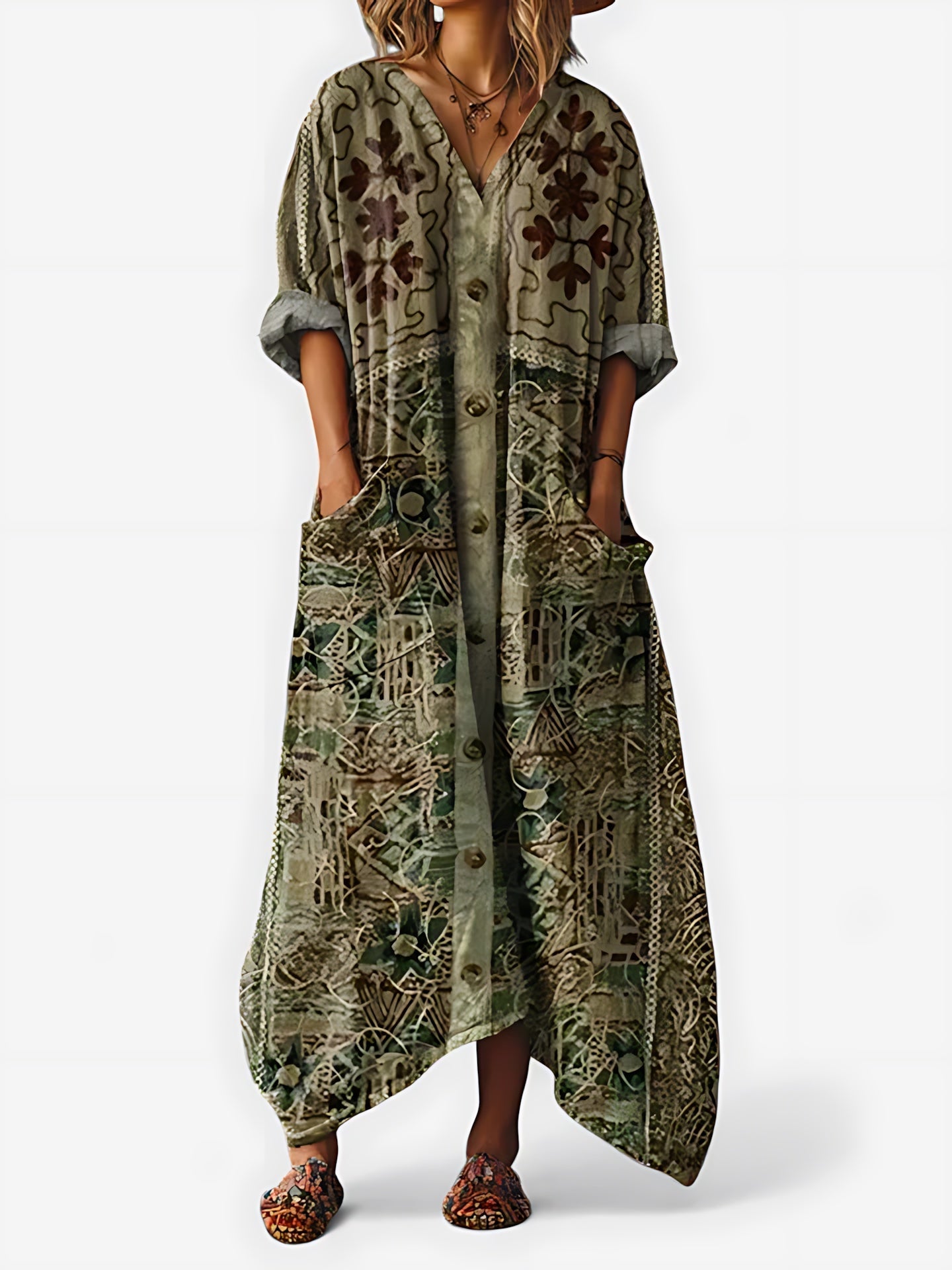 Adalynn – Boho Print Kimono Sleeve Kaftan Maxi Dress