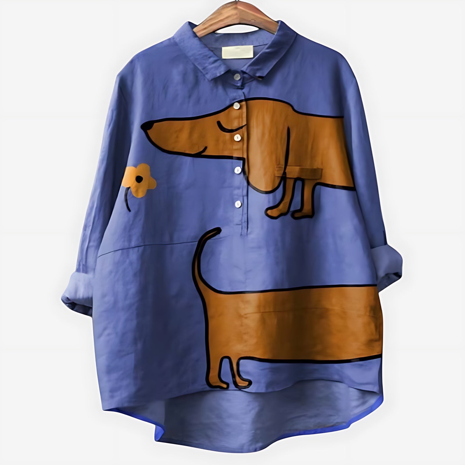 Alaia – Dog Print Button Up High Low Blouse