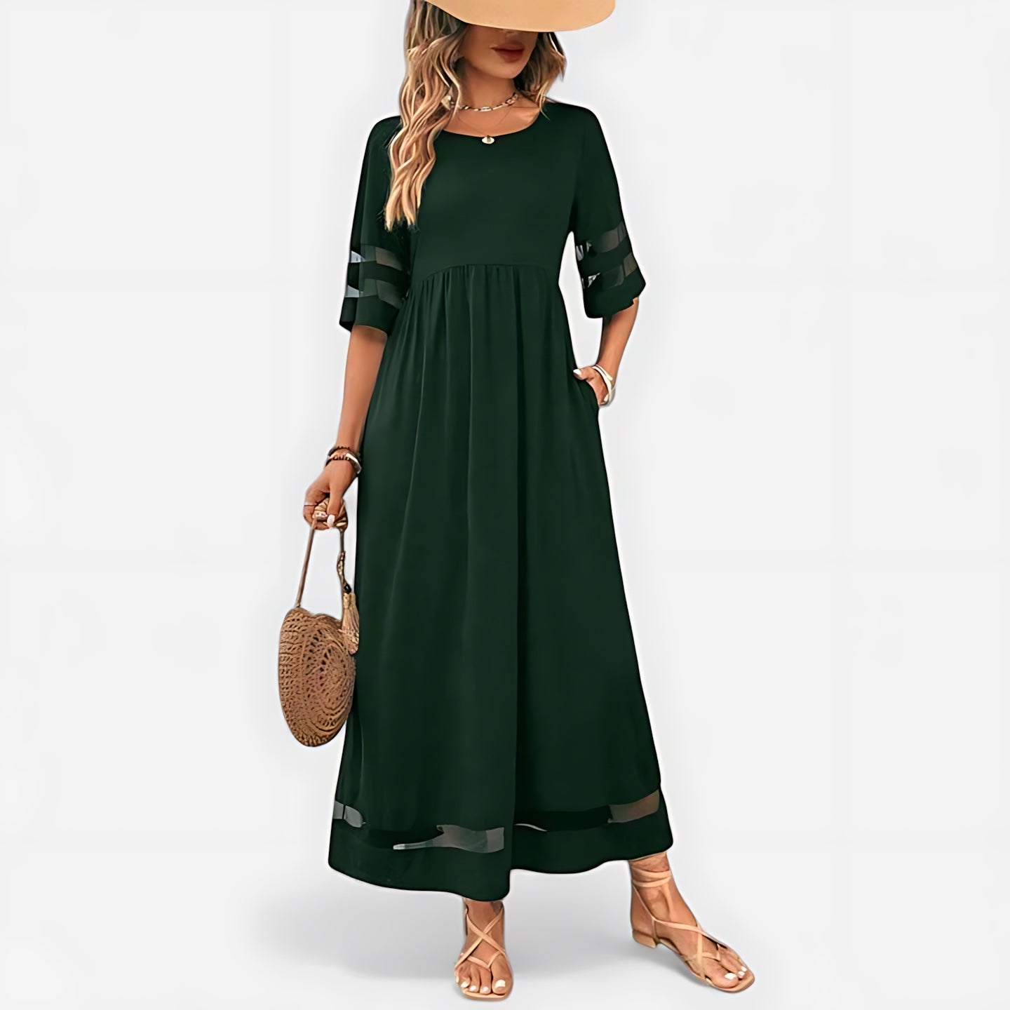 Athena – Mesh Panel Round Neck Flowy Maxi Dress
