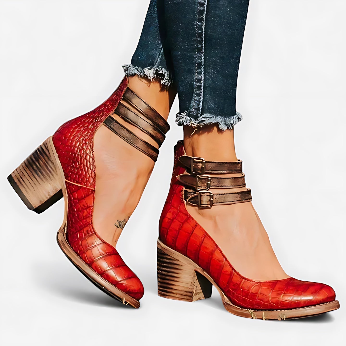 Della – Suede Ankle Strap Block Heel Pumps