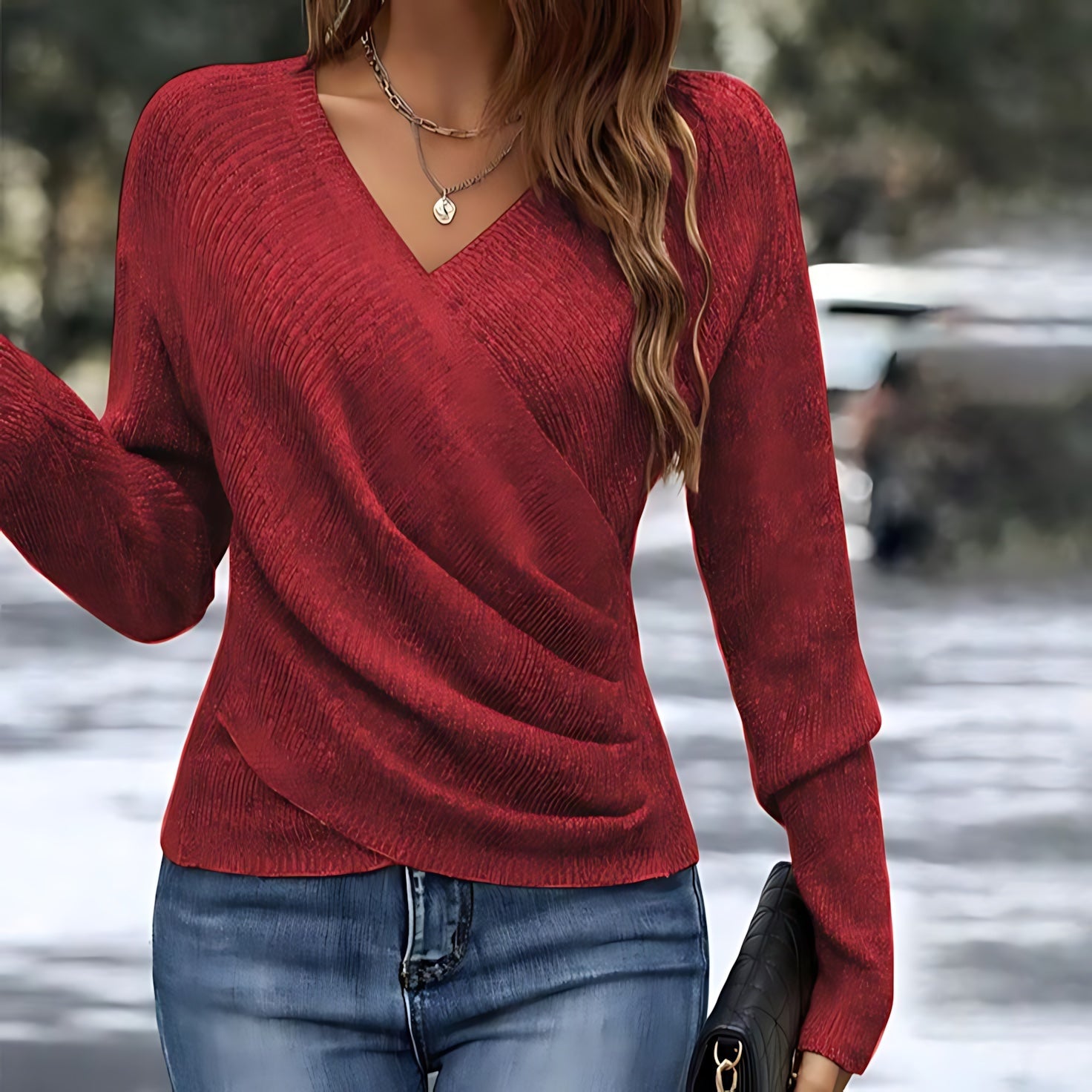 Hazel – V Neck Textured Knit Sweater