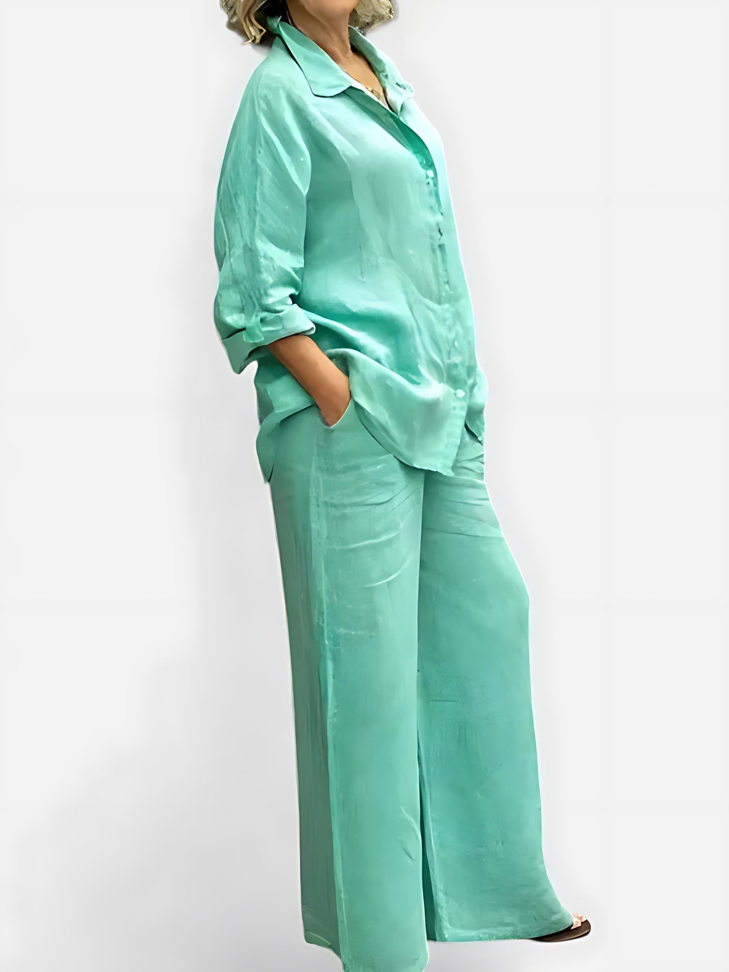 Luna – Pleated Button Up Shirt and Wide Leg Pants Set