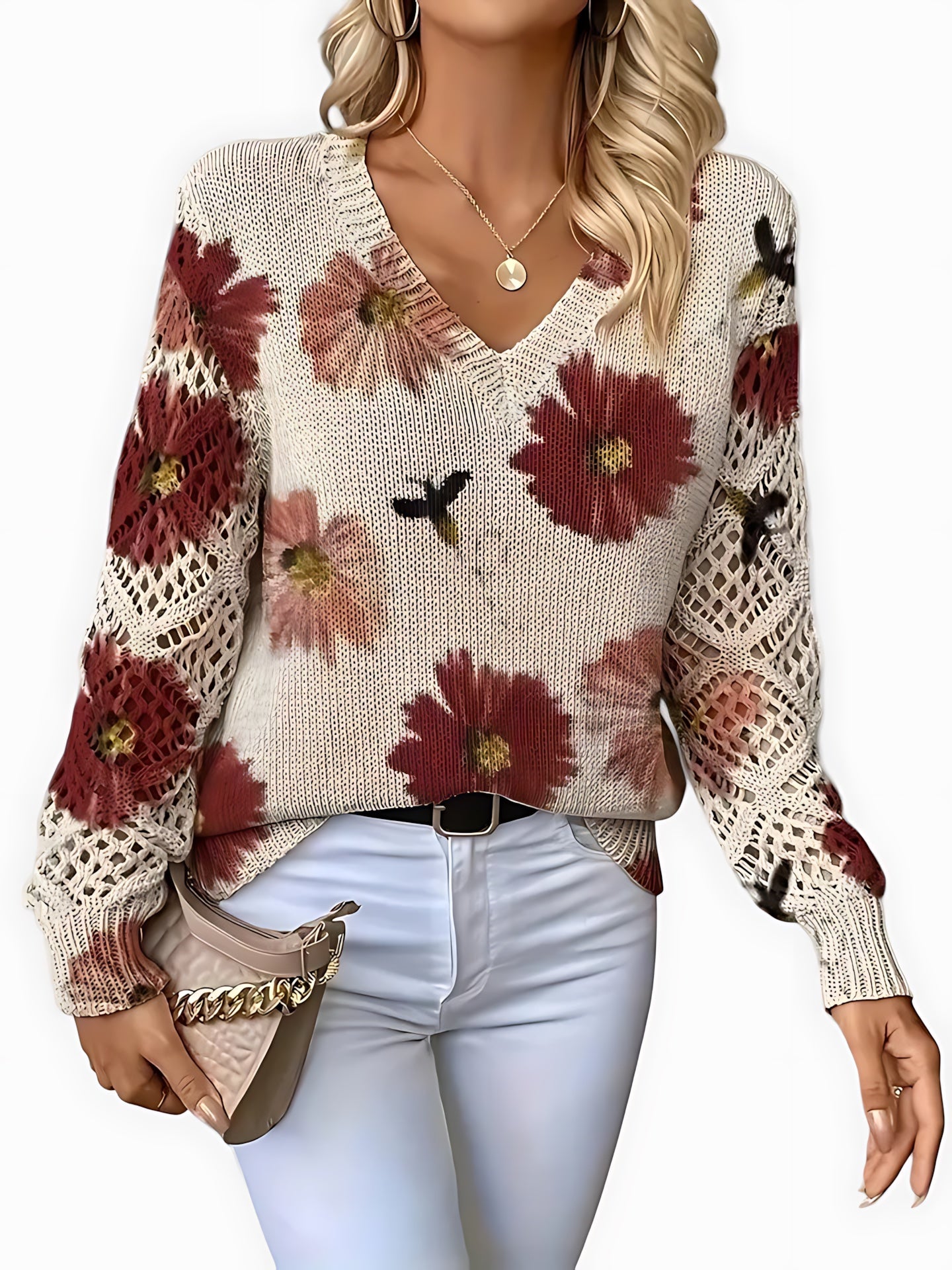 Willow – Floral Print V Neck Knit Sweater
