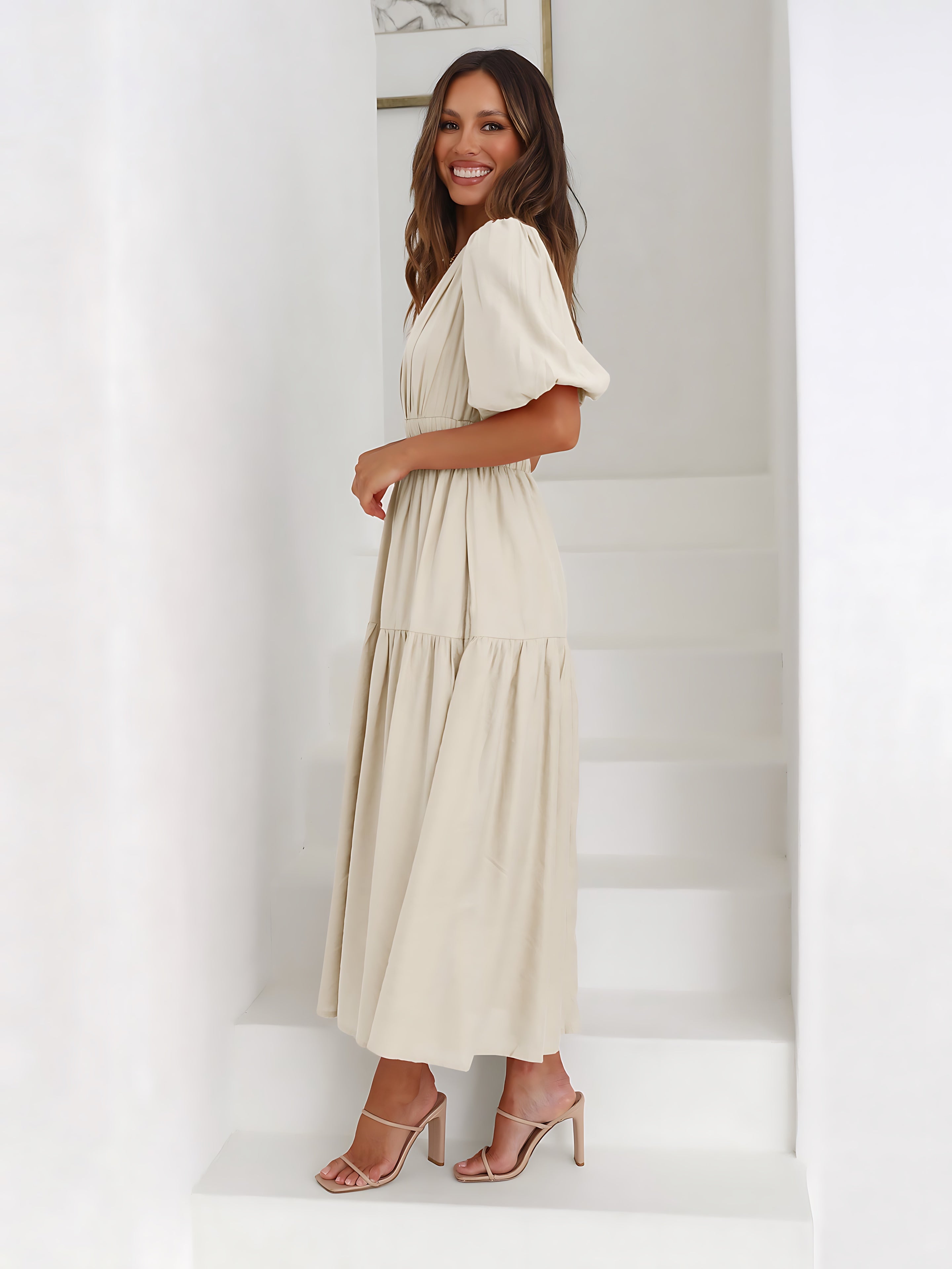 Zoe – V Neck Puff Sleeve Smocked Waist Midi Dress