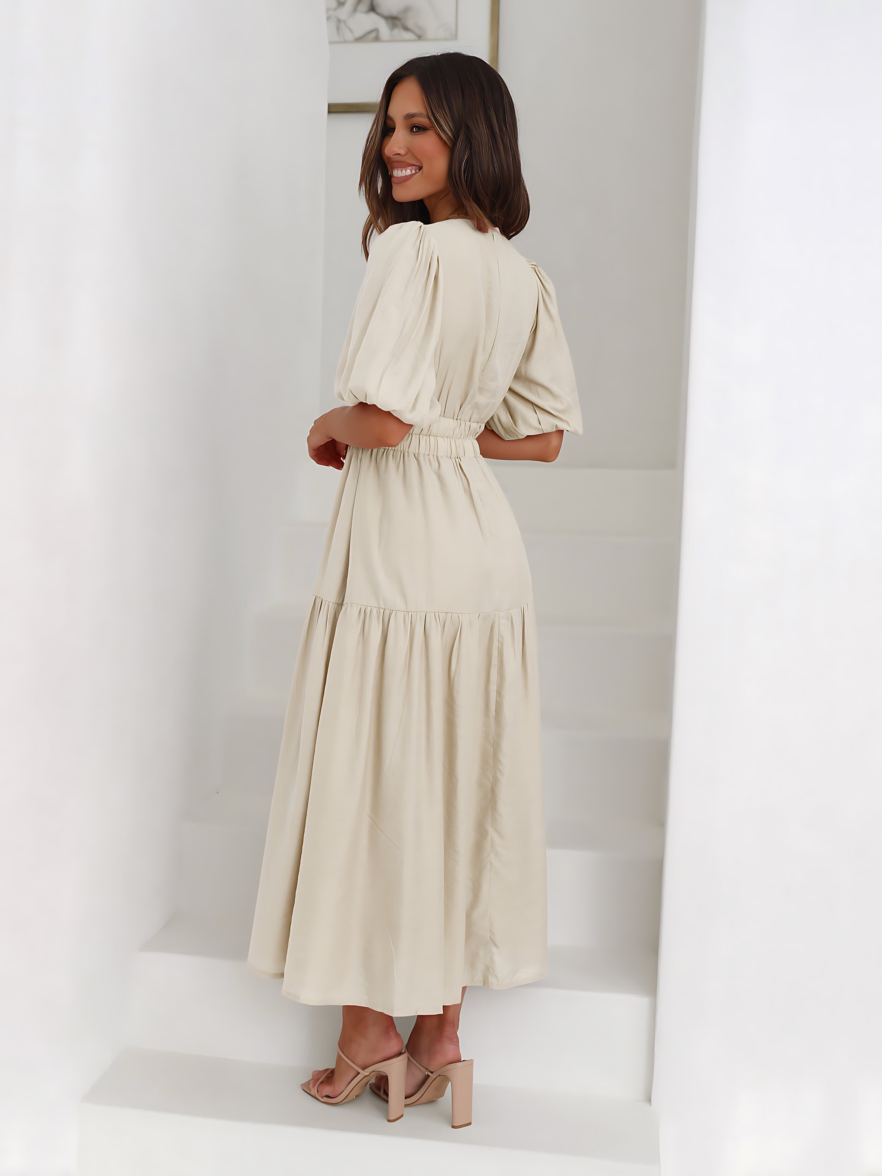 Zoe – V Neck Puff Sleeve Smocked Waist Midi Dress